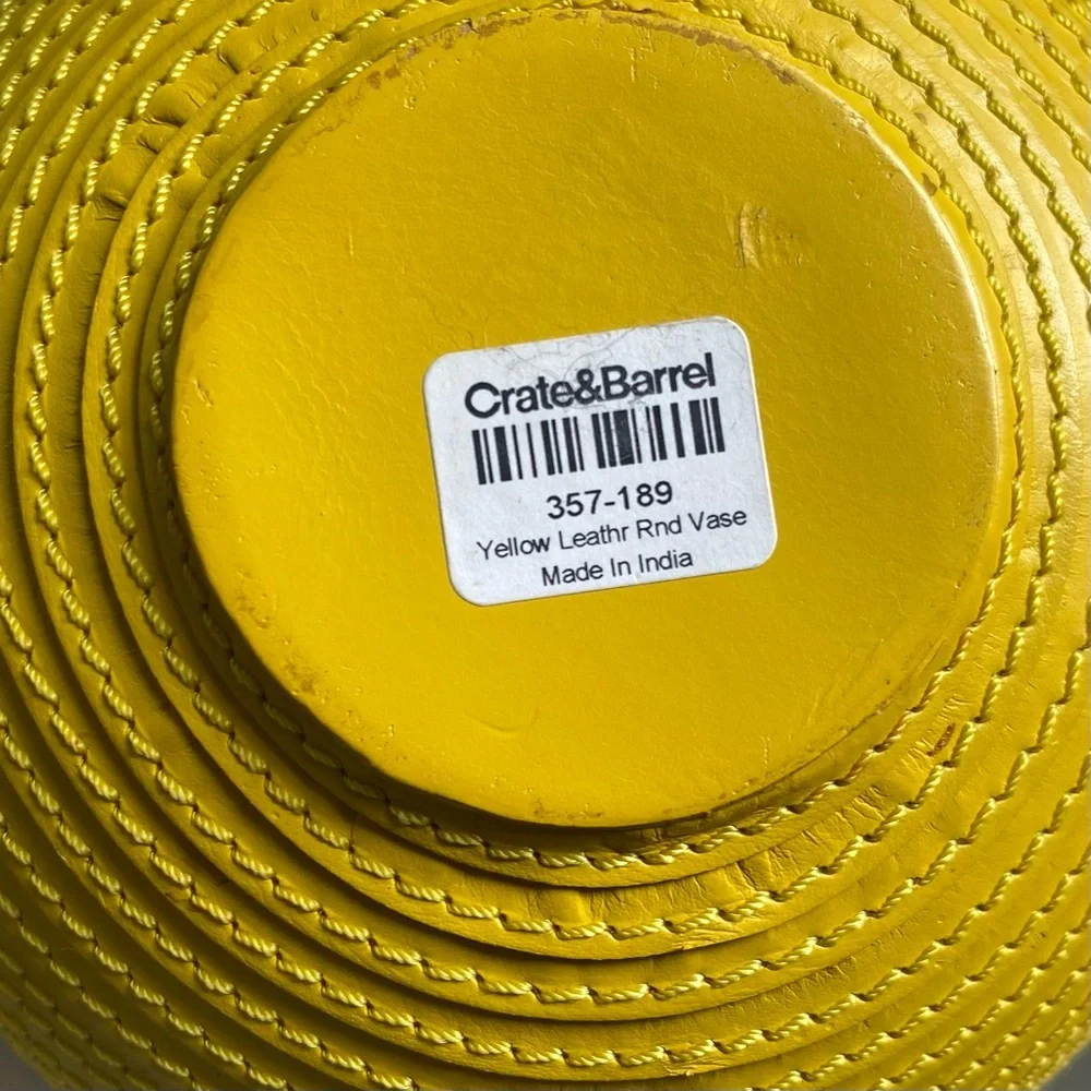 Crate & Barrel Yellow Leather Round Vase.